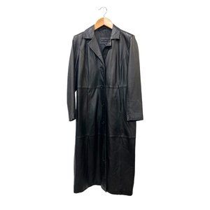 Winlit Solid Black Leather Jacket Long Coat Soft Luxurious Medium Size Unisex